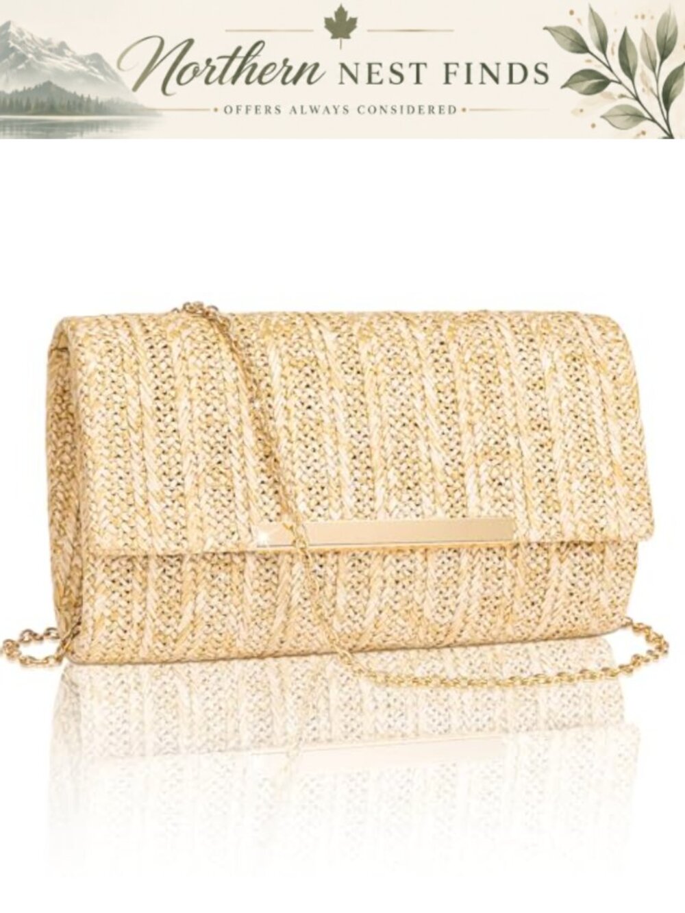 Woven Straw Clutch Handbag with Gold Chain Strap Envelope Evening Bag